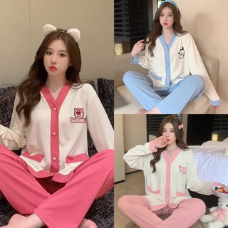 Bộ Pijama cổ V vải đũi in hình xinh xắn tay dài quần dài
