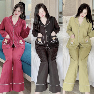 Bộ đồ ngủ quần dài áo dài tay hai túi gấu cực xinh, pijama lụa chạy viền tay