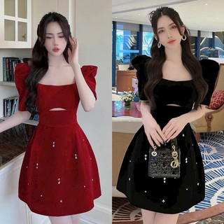 BIGSIZETIX Đầm dự tiệc nhung cổ vuông thiết kế tay phồng khoét eo đính đá xinh xắn 50-90kg