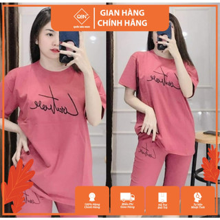 {Bigszie 45-85KG} Set Đồ Bộ Nữ Dáng Lửng Chất Cotton Áo Thêu Chữ Kí Mặc Nhà