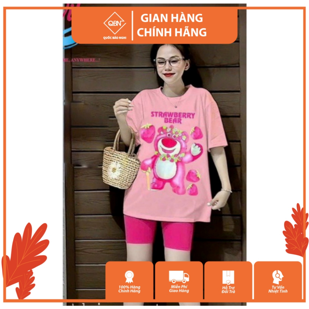 Set Bộ Lửng Quần Thun Gân Áo In Gấu dâu Straberry Bigsize Mặc Nhà