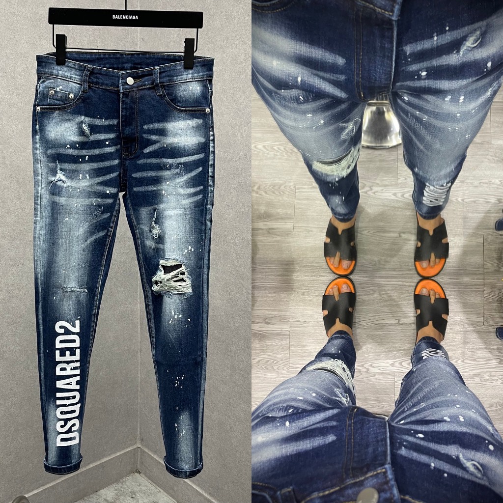 Quần jean bò nam Dsq2 biker slimfit xanh bạc in sơn chữ dọc ống phối rách gối dáng boy phố QJ405P