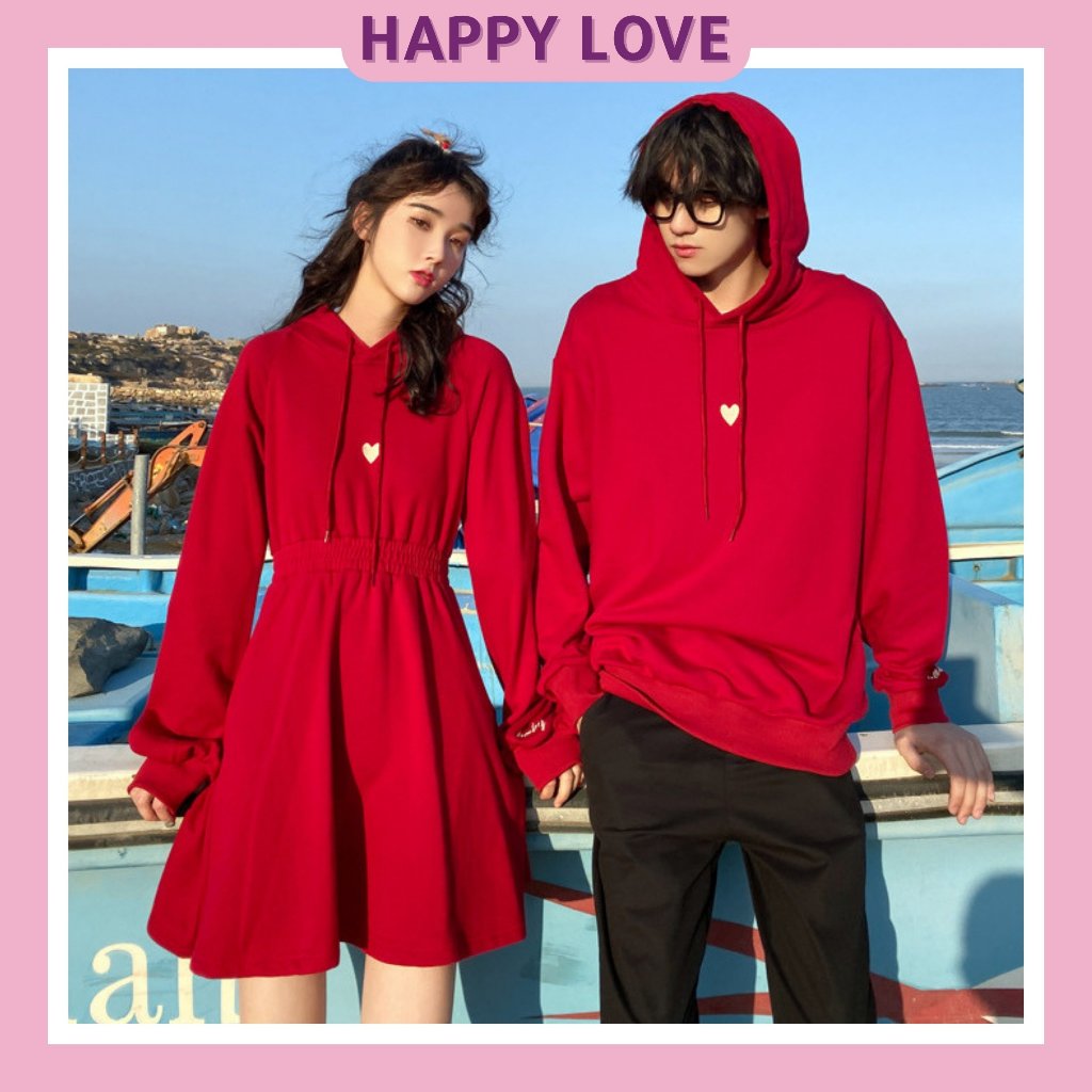 Đồ đôi nam nữ mùa đông set couple áo váy cặp hoodie HAPPYLOVE màu đỏ đô thêu trái tim cho cặp đôi H018