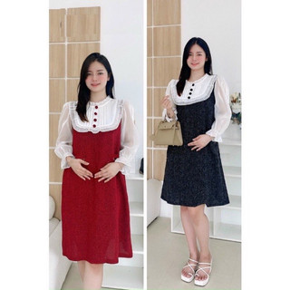 Váy dạ bầu, đầm bầu thu đông phối trắng bèo cổ tiểu thư