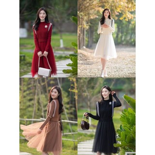 @redcatstore - Set Gile Len Viền Kèm Hoa Cài Tháo Rời Mix Váy Len Dài Phối Voan Xoè Hàng QCCC