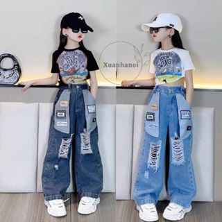 Quần áo trẻ em_Bộ bé gái áo phông và quần Jean ống rộng (ảnh thật) 14-40kg XHN1498