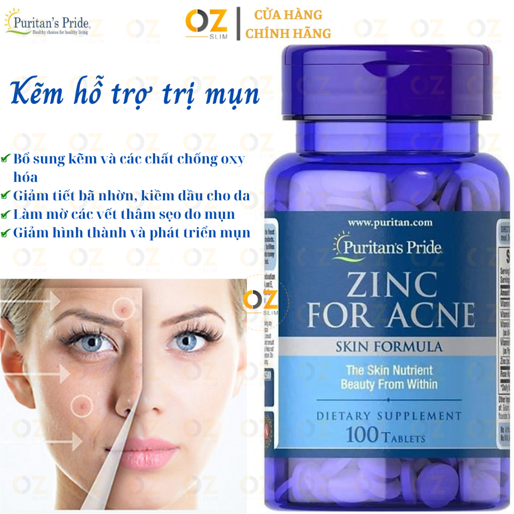 Hỗ trợ trị mụn kẽm Zinc For Acne Skin Formula Puritan's Pride 100 viên Mỹ - Làm đẹp, Tăng sức đề kháng Oz Slim