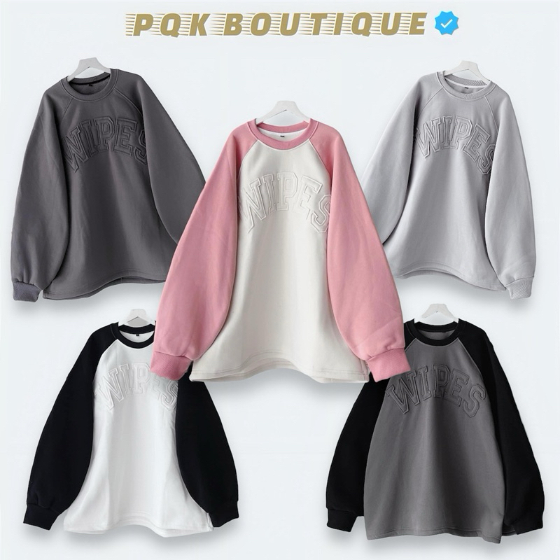 Áo Sweater Nỉ Form Rộng Unisex Thêu Nổi WIPES Xám Phối Đen Basic Hot Trend - Pqk Boutique