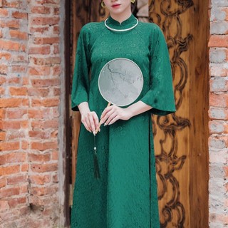 Áo dài dáng suông xưa gấm tơ hoa hồng hỷ cách tân nữ tay ngắn cn07