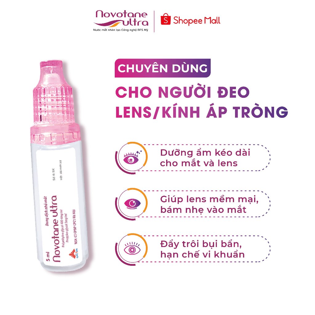 Nước nhỏ mắt nhân tạo mini Novotane Ultra 2ml, nước nhỏ mắt cấp ẩm cho mắt đeo lens/trang điểm