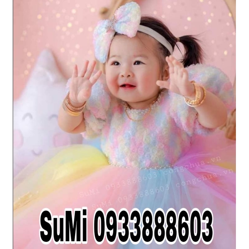 Đầm công chúa hoa hồng bảy sắc cầu vồng cho bé