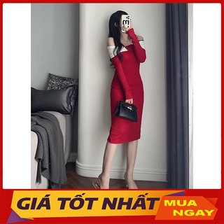 Đầm Len Body Trễ Vai Phối Vạt Trắng Dáng Dài Thiết Kể Tiểu Thư V5091 - Yamy888