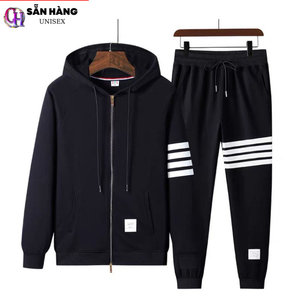 Bộ Nỉ Nam Nữ Thu Đông BỐN SỌC - Set Đồ Thể Thao Mặc Nhà Unisex, Áo Khoác Hoodie Sweter Dài Tay Có Nón Quần Jogger CHP