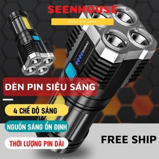 Đèn pin cầm tay chiếu xa siêu sáng 4 bóng 4 chế độ sạc usb, đèn pin led, du lịch hot