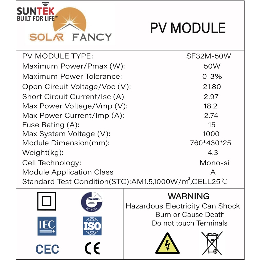 Tấm Pin Mono Năng Lượng Mặt Trời SUNTEK SF32M-50W/18V PV Module - Hàng Chính Hãng - Bảo hành 10 năm