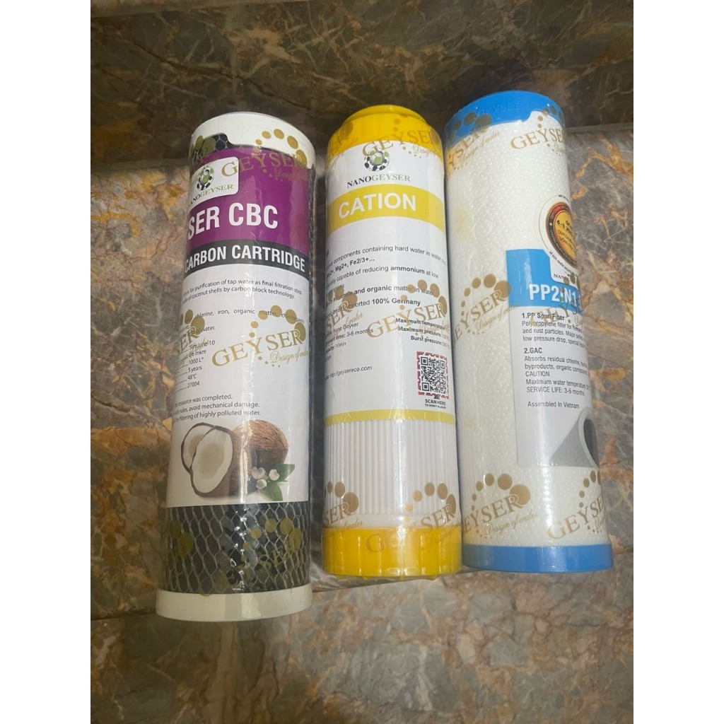 Bộ 3 lõi máy NANO, Lõi lọc nước 123 Nano, Lõi Nano Geyser chính hãng, Lỗi 1 đổi 1, Lõi lọc PP2in1-Cation-CBC