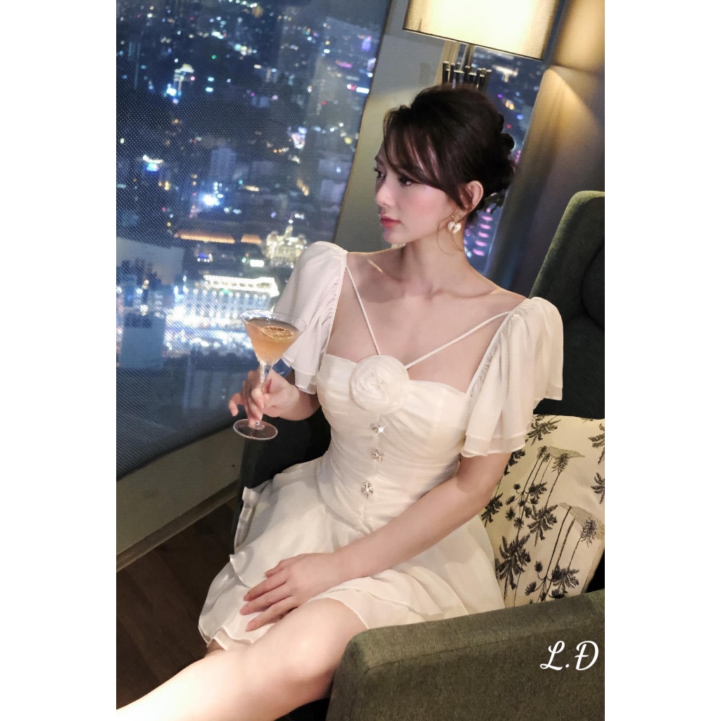 Đầm Dự Tiệc Cổ Vuông Đính Nơ Cổ Cánh Tiên Sang Trọng Tôn Dáng Bùi Đượm Concept, Váy Nữ Dự Tiệc Dáng Ngắn Kết Hoa ChiếtEo