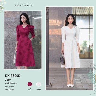 Đầm nữ dáng xoè dự tiệc họa tiết hoa 3D, váy xòe LYNTRAN cổ V tay lỡ DX-3500D