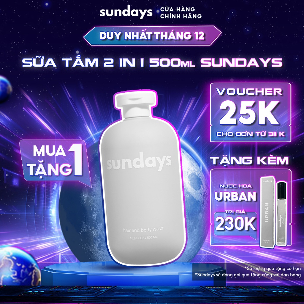 Sữa Tắm Gội 2in1 & 4in1 cho Nam Sundays giảm mụn lưng, dưỡng ẩm hương nước hoa Sauvage 500ml