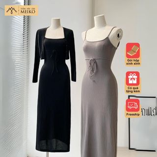Set Đầm Thun Dáng Dài 2 Dây Kèm Áo Khoác, Váy Đi Làm, Đi Chơi [ Có Ảnh Thật, Gói Hộp]