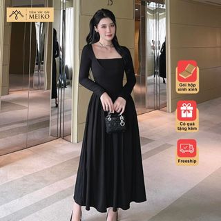 Đầm Thun Tay Dài Cổ Vuông Meiko, Váy Đi Làm, Đi Chơi [ Có Ảnh Thật, Gói Hộp]