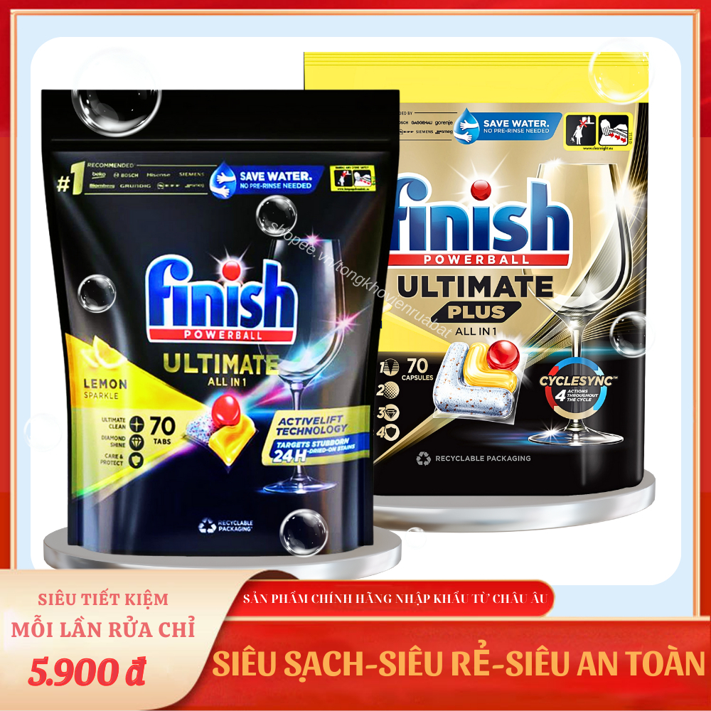 Viên rửa bát Finish Quantum Ultimate all in 1 max, Túi 100,70,60 viên rửa chén cao cấp 14 chức năng dùng cho máy rửa bát