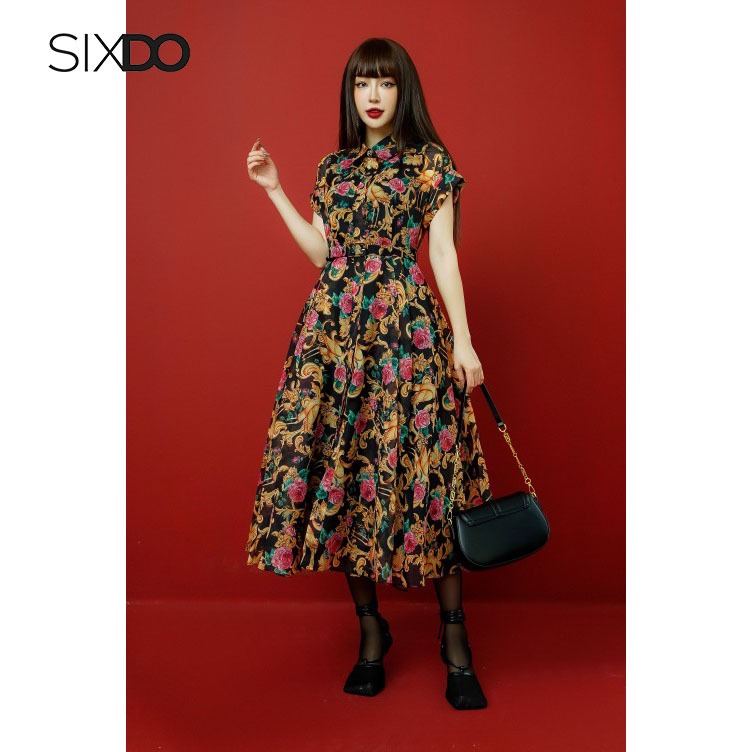 Đầm sơ mi ngắn tay họa tiết hoa hồng SIXDO (Black Rose Cap Sleeves Midi Dress)