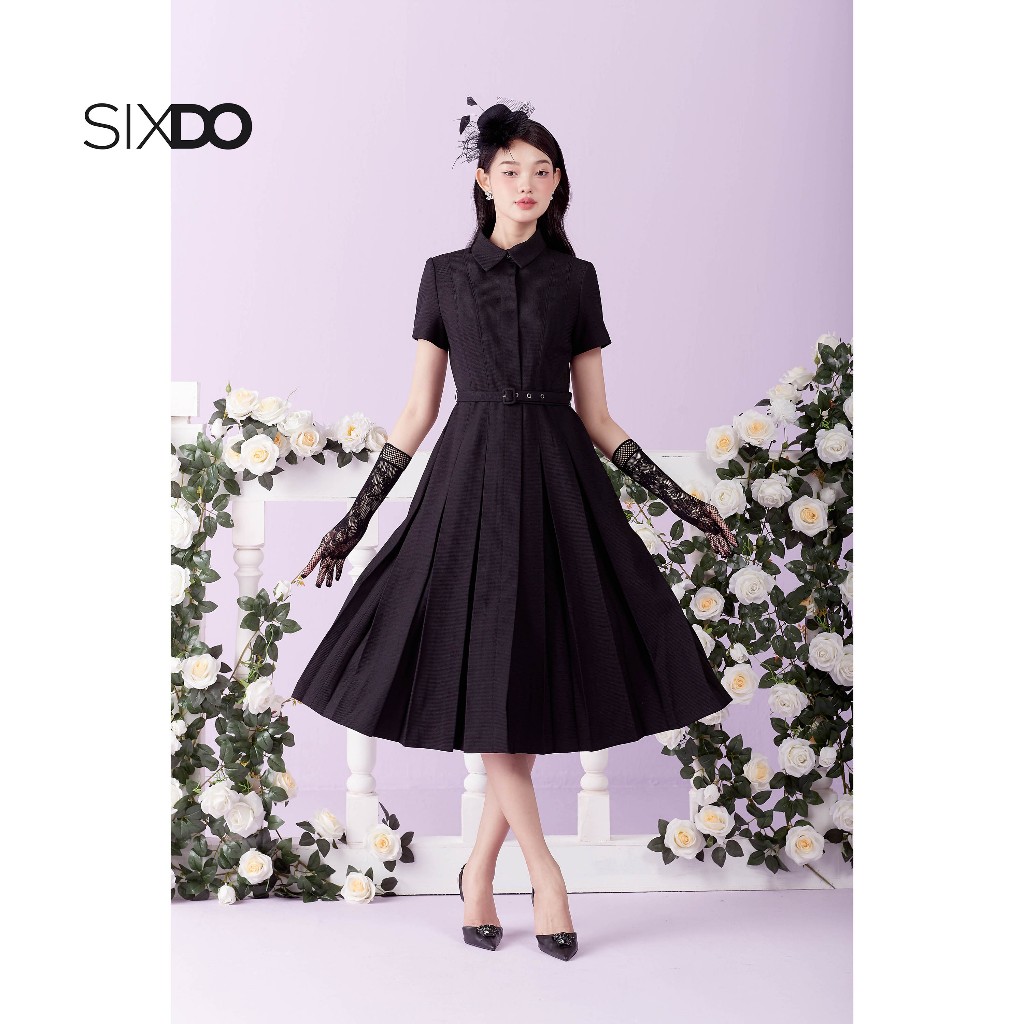 Đầm sơ mi đen ngắn tay dáng xòe SIXDO (Black Inverted Pleat Midi Raw Dress)