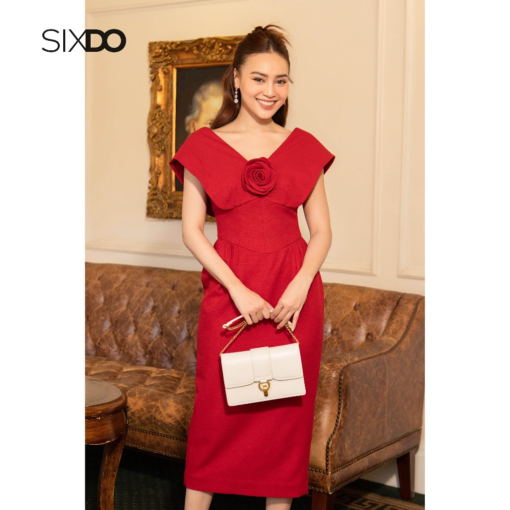 Đầm thô midi cổ V phối hoa ngực SIXDO (Dark Red V-neck Midi Raw Dress)