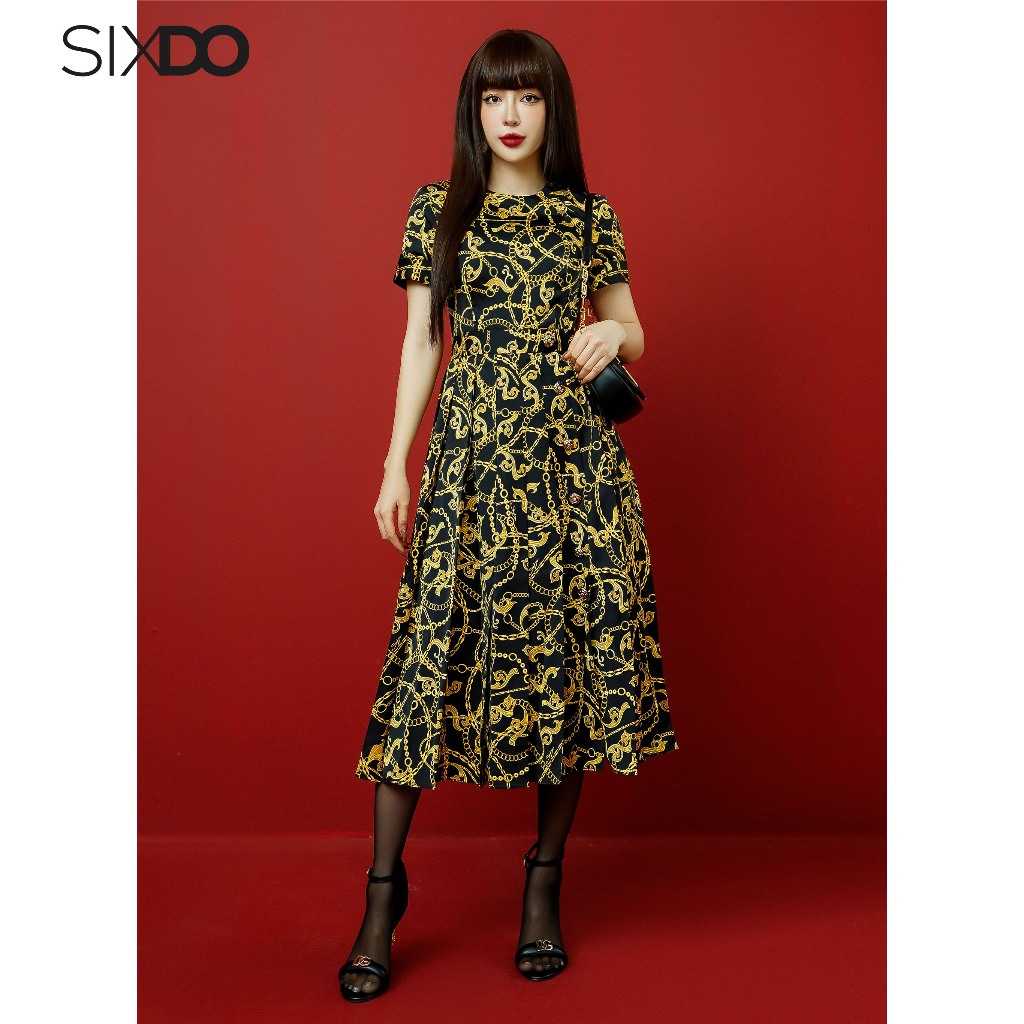 Đầm midi lụa họa tiết Baroque SIXDO (Black Baroque Print Pleated Midi Silk Dress)