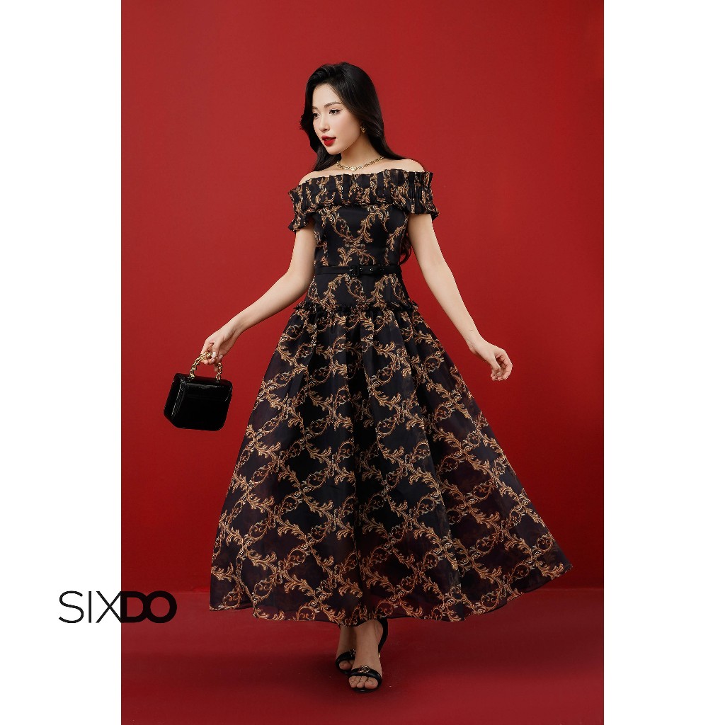 Đầm tơ trễ vai dáng xòe họa tiết baroque SIXDO (Black Baroque Print Off-shoulder Midi Dress)