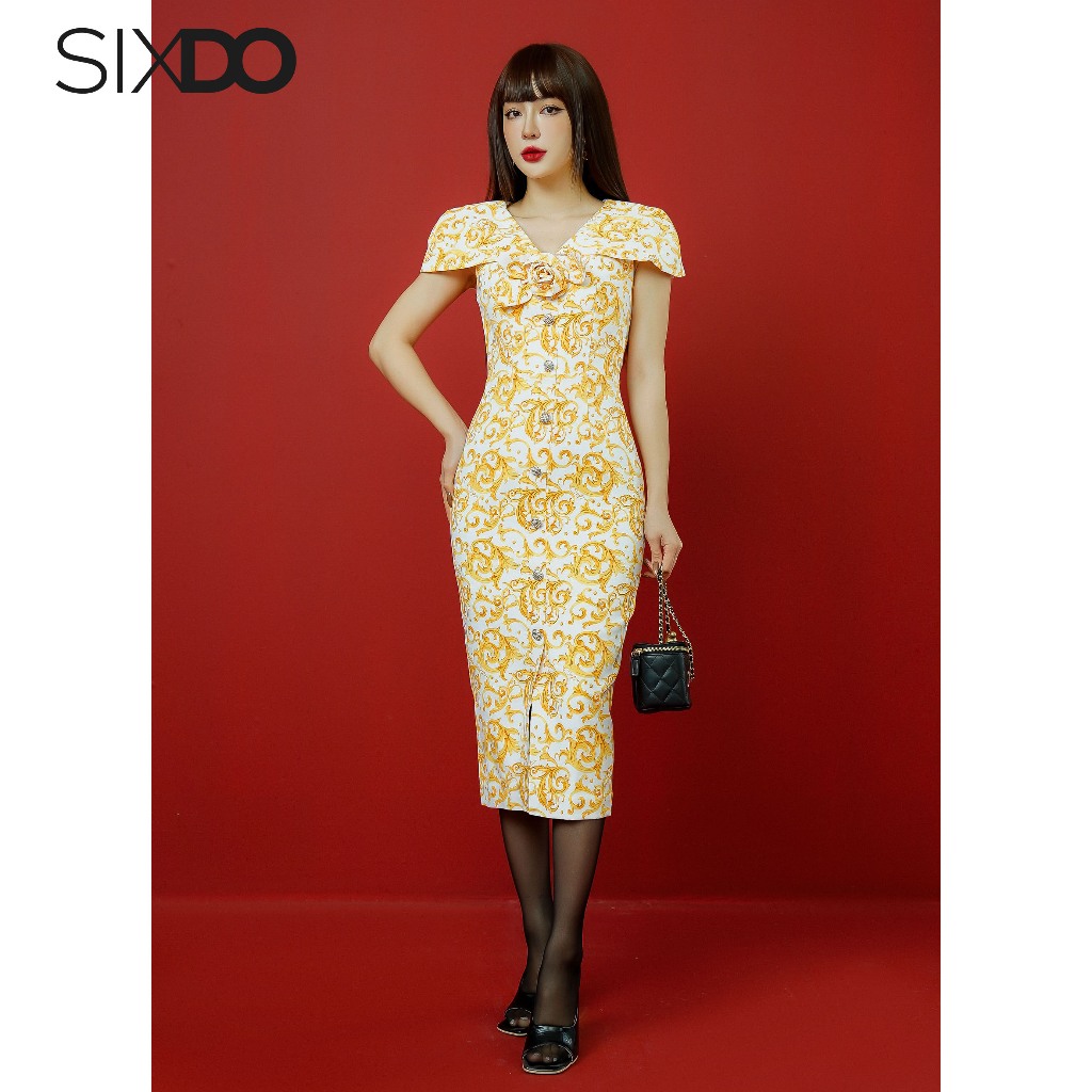 Đầm tuýt xi trắng dáng ôm họa tiết Baroque SIXDO (White Baroque Print Cape Midi Dress)