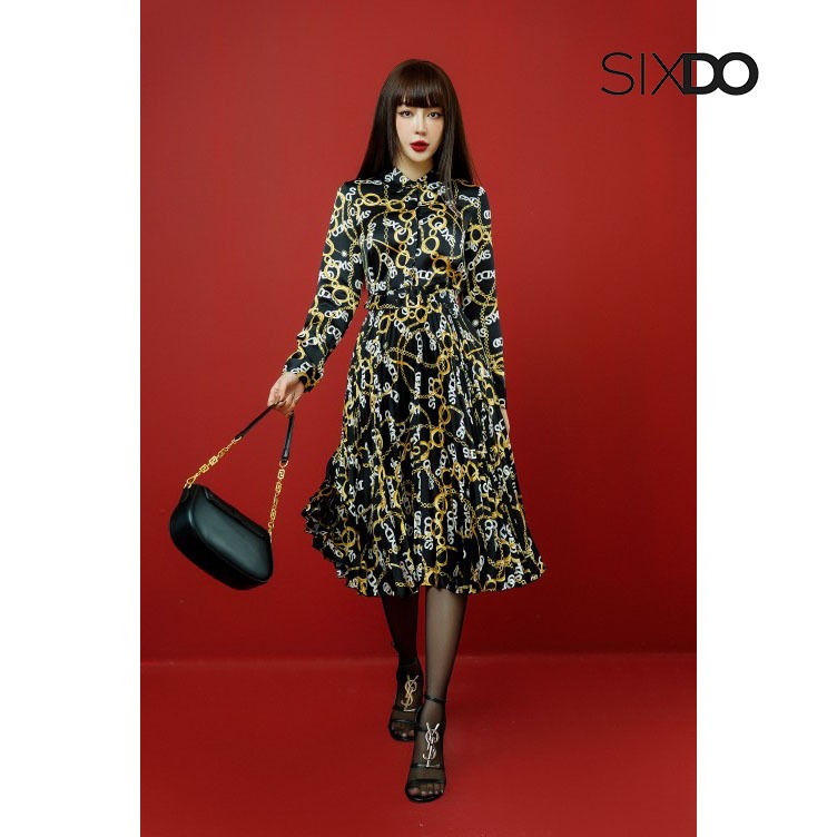 Đầm sơ mi lụa dài tay hoa tiết SIXDO (Black Chain Print Pleated Midi Silk Dress)