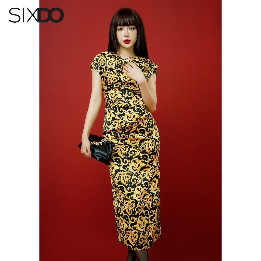 Đầm lụa tay hến cổ đổ họa tiết baroque SIXDO (Black Baroque Print Boatneck Midi Silk Dress)