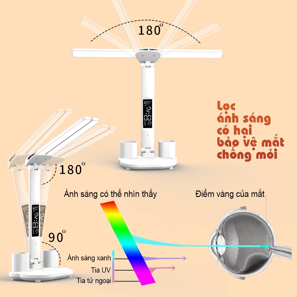Đèn led hỗ trợ chống cận đa năng kèm hộp bút + giá đỡ điện thoại + đồng hồ hiển thị giờ/ngày/tháng/năm và nhiệt độ
