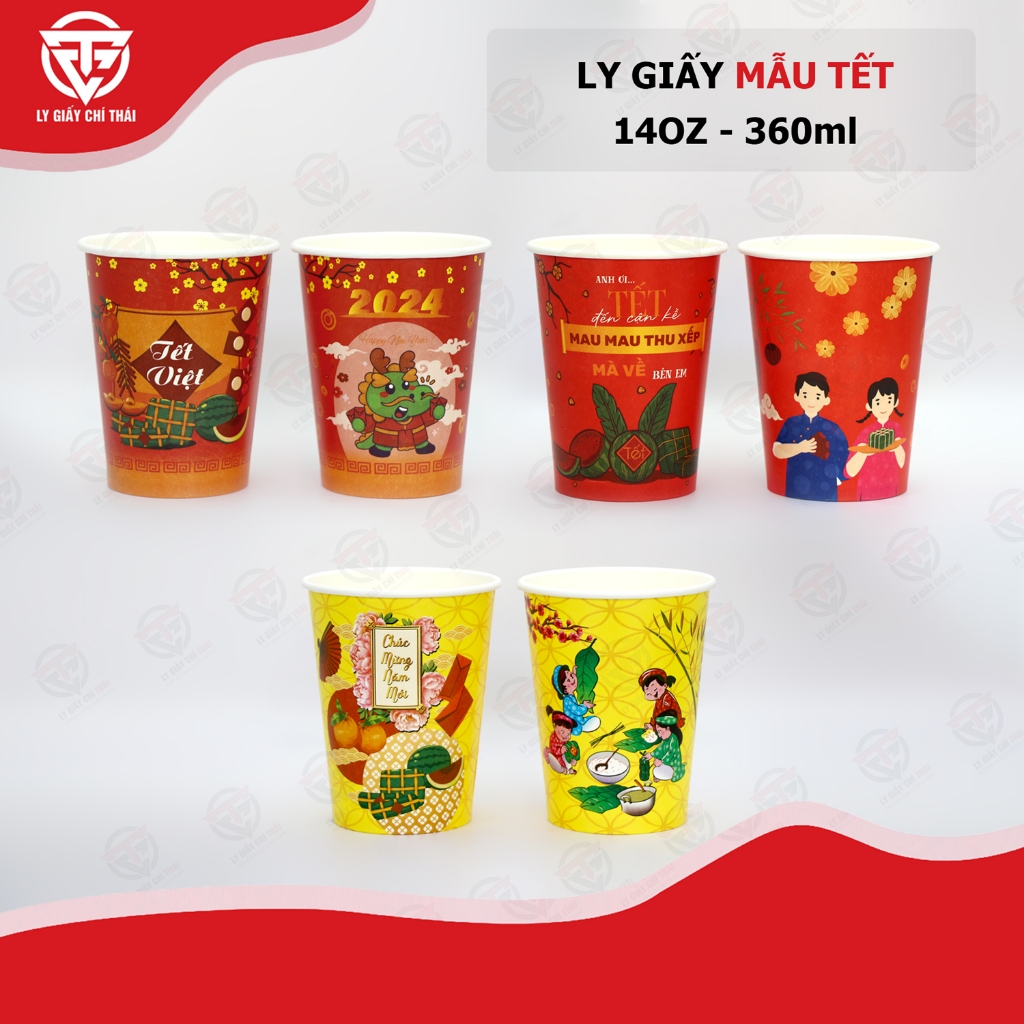 SET 100c Ly Giấy, Cốc Giấy 14oz 360ml TẾT Happy New Year 2024 Siêu Đẹp quán Cafe, Trà Sữa, Thức Uống v.v..