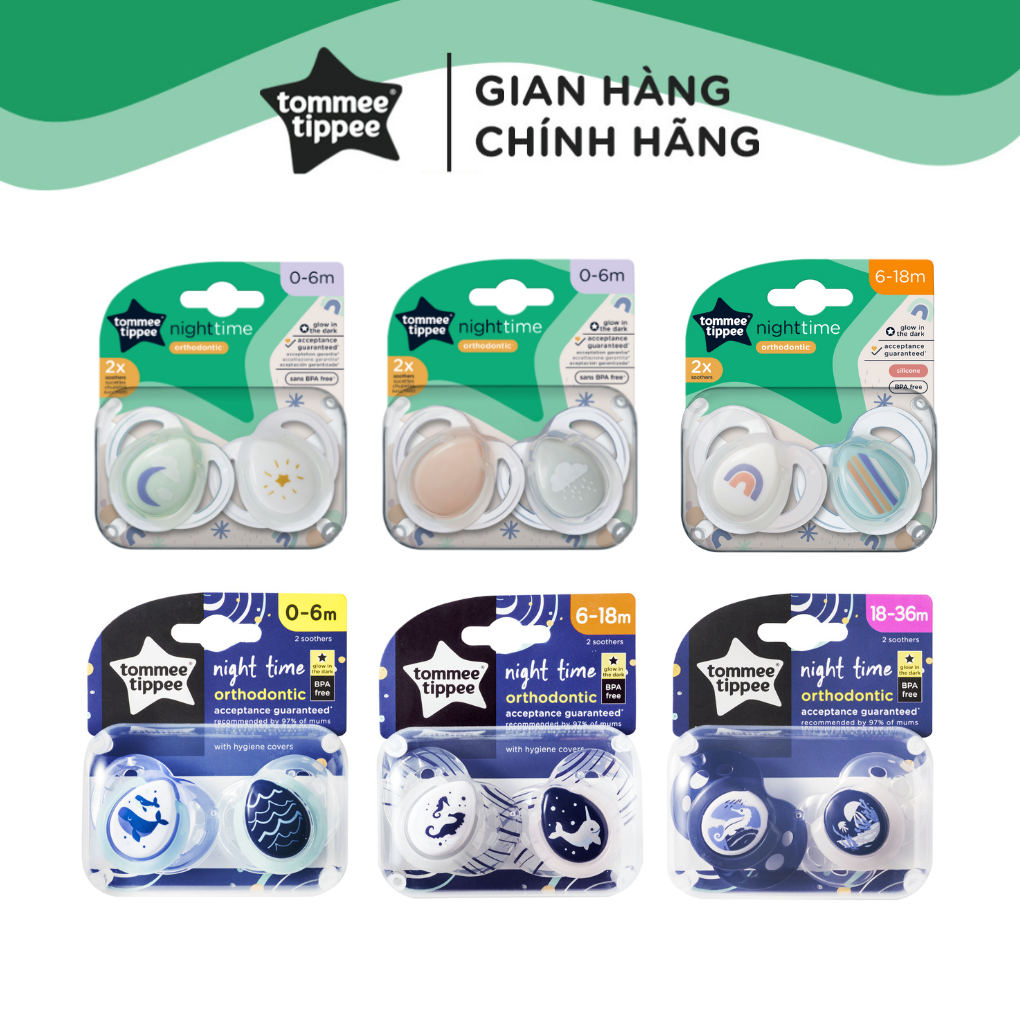 Ty Ngậm Dạ Quang Tommee Tippee Night Time, Cho Bé 0-6, 6-18, 18-36 Tháng