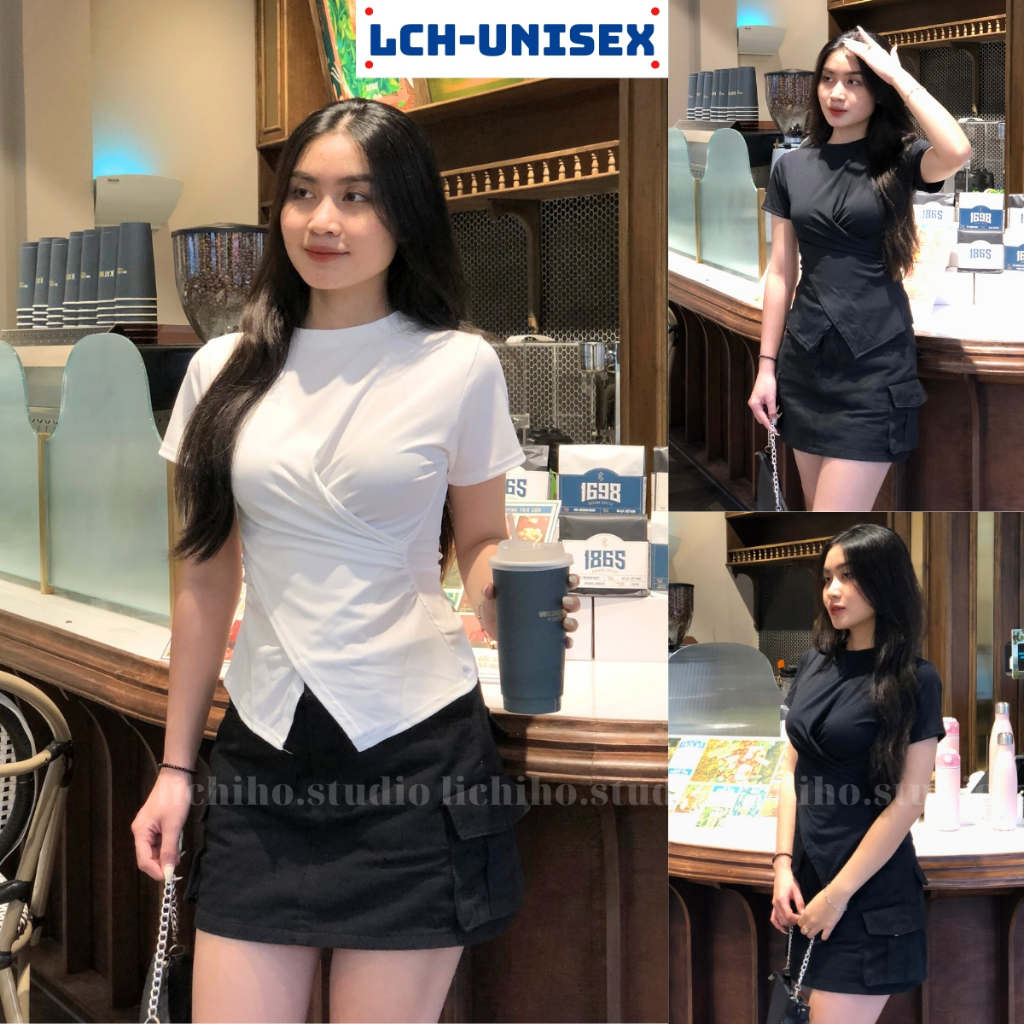 Áo thun xoắn eo che khuyết điểm vòng 2 Lch áo kiểu vạt nhọn xẻ tà tôn dáng áo nữ basic vải thun co giãn thoải mái