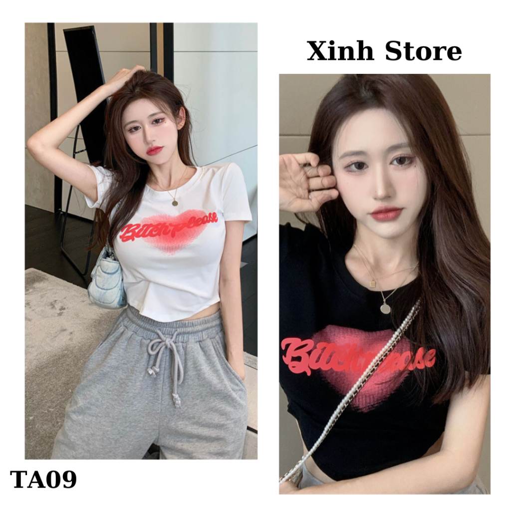 Áo Croptop Hình Trái Tim Cổ Tròn Tay Ngắn Ôm Body - Áo Thun Croptop Kiểu Sexy TA09