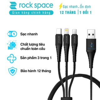 Dây cáp sạc nhanh 3 đầu Rockspace Hi-Tensile dây dù sạc 3 thiết bị cùng lúc hàng chính hãng BH 12 tháng
