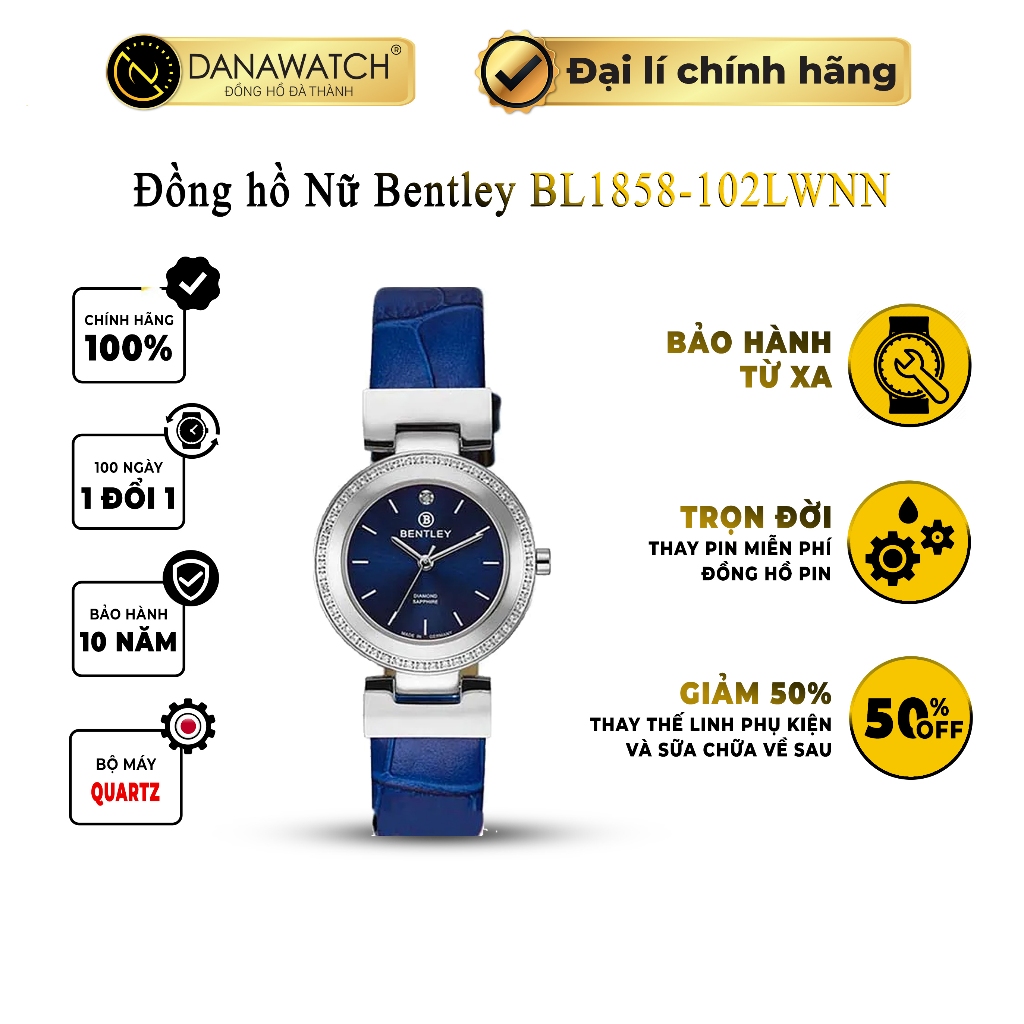 Đồng hồ nữ Bentley BL1858-102LWNN Danawatch chính hãng dây da kết hợp khung viền bản to cổ điển xanh thanh lịch đẳng cấp