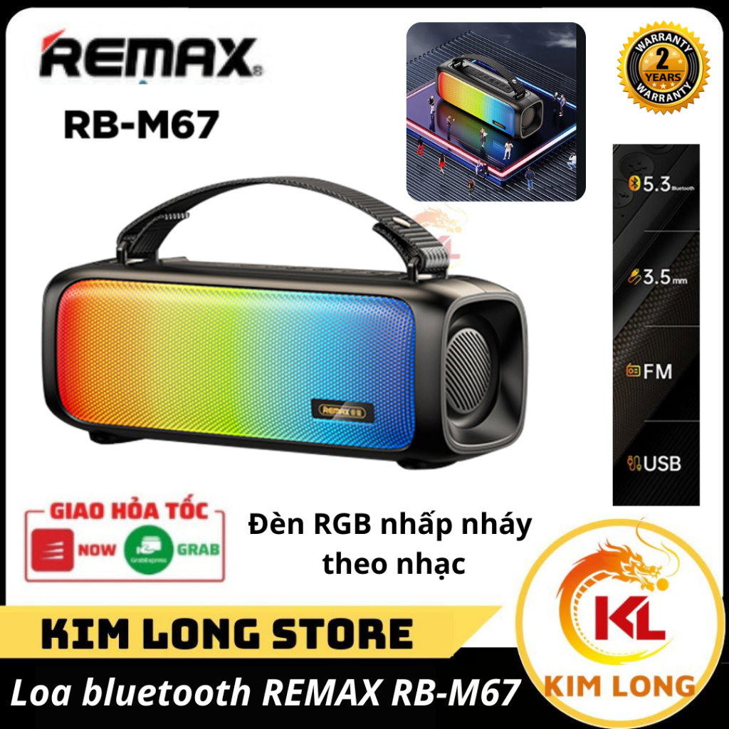 Loa bluetooth REMAX RB-M67, có đèn led RGB, âm trầm, loa ngoài trời chống nước, quai xách tiện lợi đi dã ngoại, du lịch