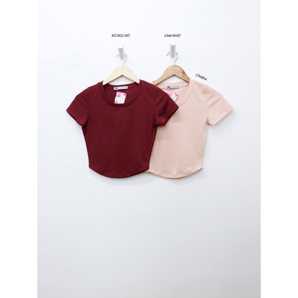 C3984 - Áo thun croptop cổ tròn tay ngắn vạt bầu trơn