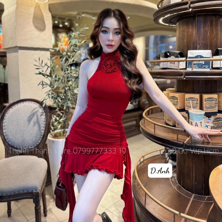 Váy Dự Tiệc Cổ Yếm Thun Body Tua Rua Phối Hoa Cổ Điệu Đà Nữ Tính Ôm Body Siêu Tôn Dáng, Đầm Nữ Đi Tiệc Nhún Xoè Đuôi