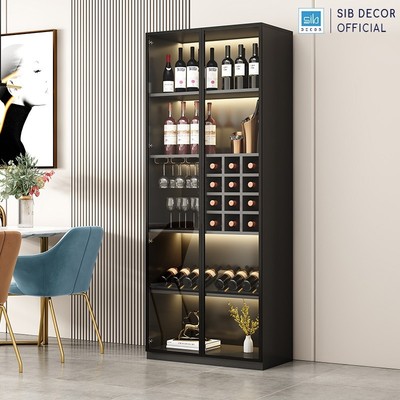 [Chỉ giao lắp tại TP.HCM] Tủ Gỗ Để Vang Trưng Bày Phối Cánh Kính Dài 80cm, Kèm Đèn LED Hiện Đại Thương Hiệu SIB Decor TR