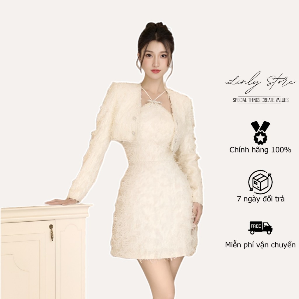 Set váy cổ yếm chất tweed phối nơ đá, áo khoác croptop phối cúc tinh tế Linly Store