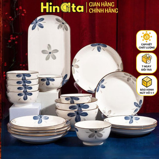 Set bát chén đĩa sứ hoa xanh dáng tròn HINATA bộ chén đĩa bát ăn cơm bát ô tô canh âu đựng cơm bát chấm dĩa BH 1-1