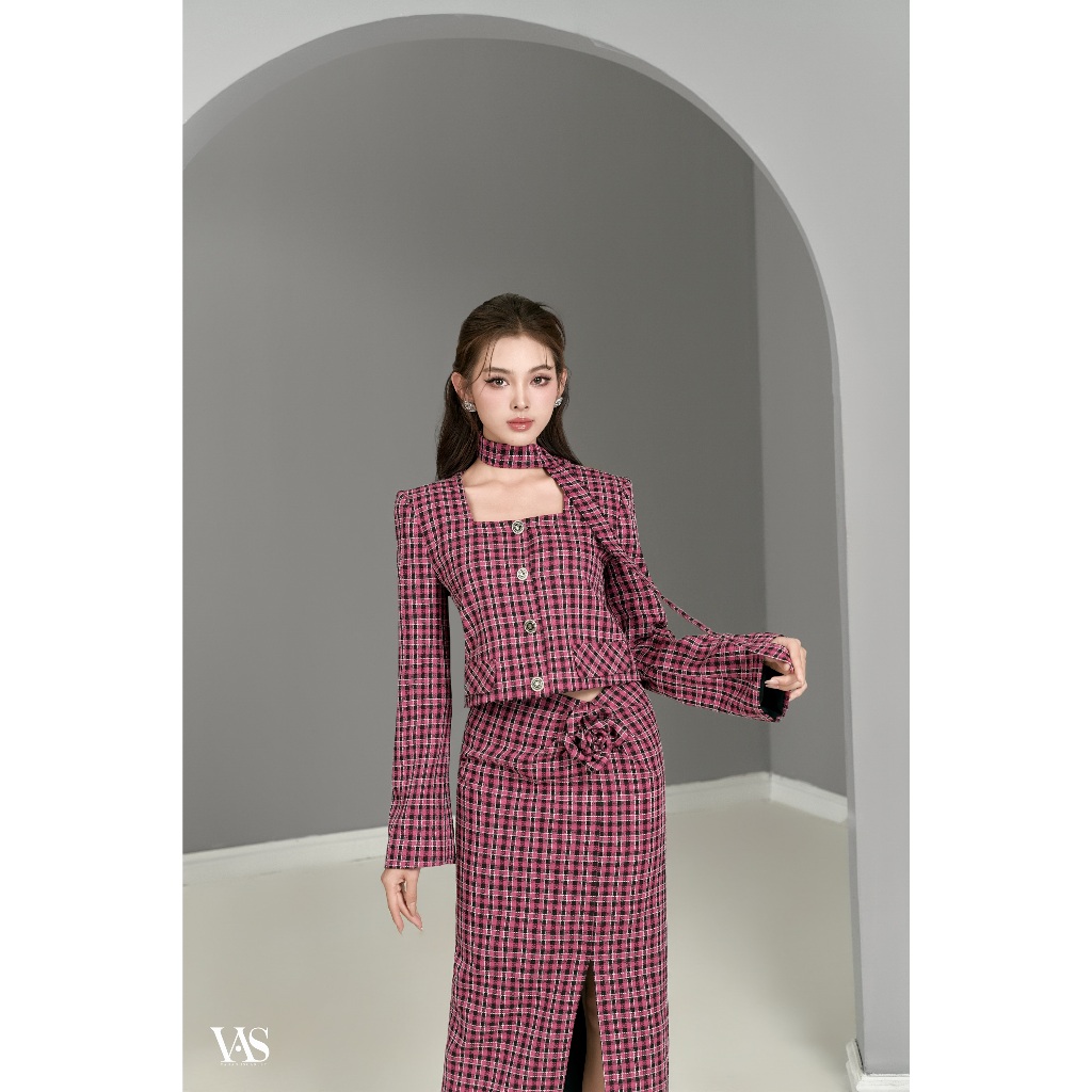 Set chân váy tweed nữ VANANHSCARLET dài tay croptop S004F23