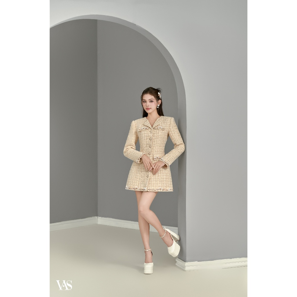 Đầm tweed nữ VANANHSCARLET dài tay kèm ken vai AK01F23