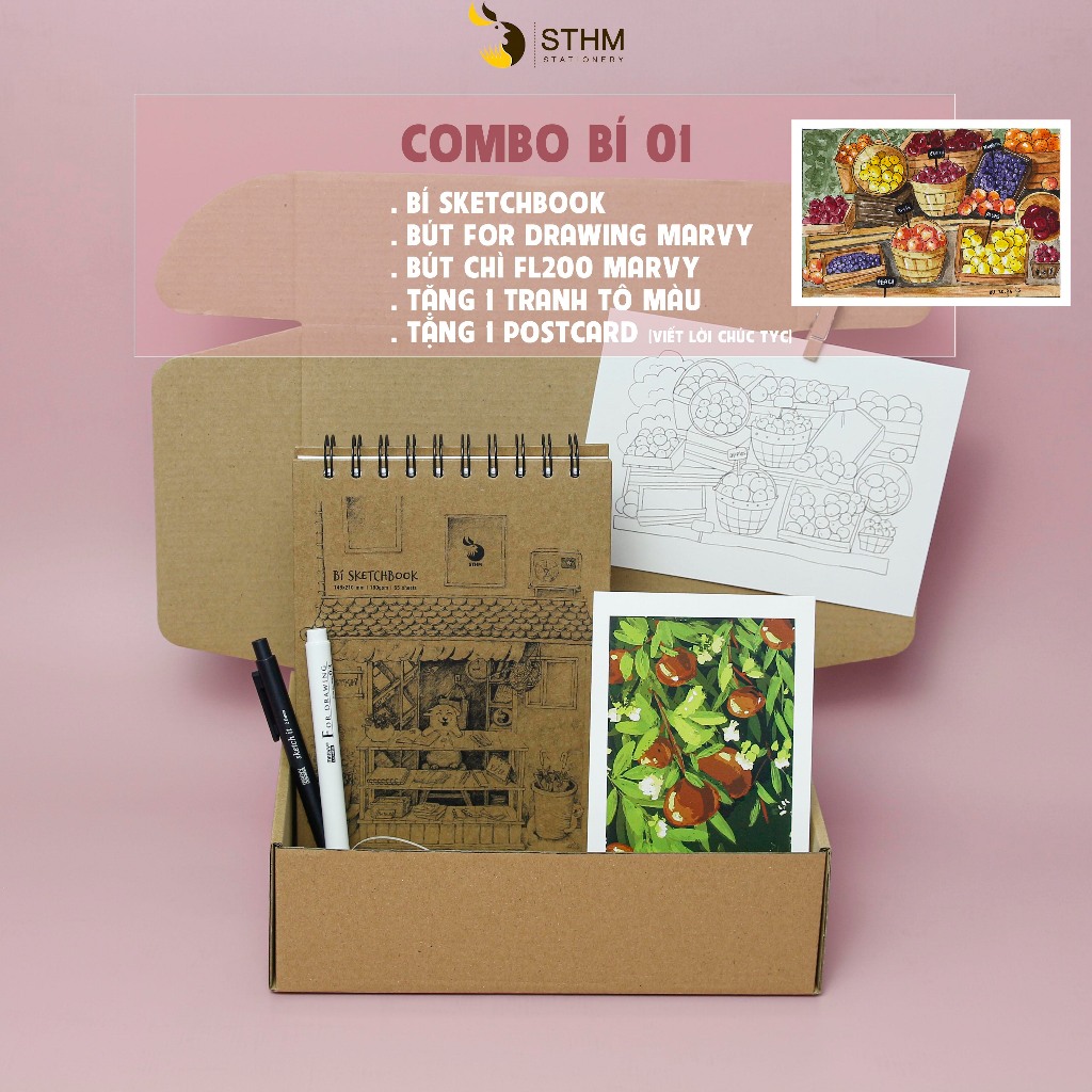 [STHM stationery] - Bí sketchbook - Vẽ marker, vẽ chì, vẽ artline - 130 trang kem 190gsm - Bìa bồi carton